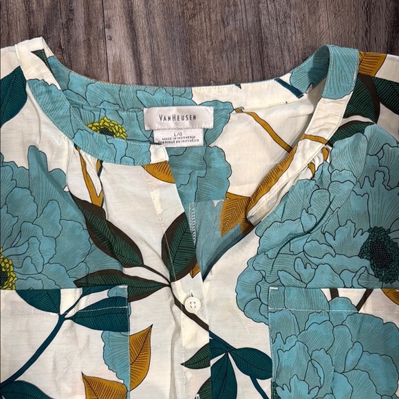 Van Heusen Floral Print Women's Top - Teal and Yellow sz l - Picture 3 of 5